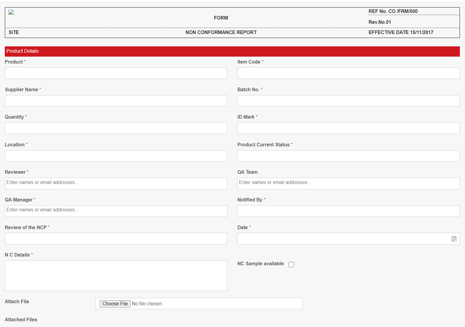 screenshot of Non-Conformance Management System